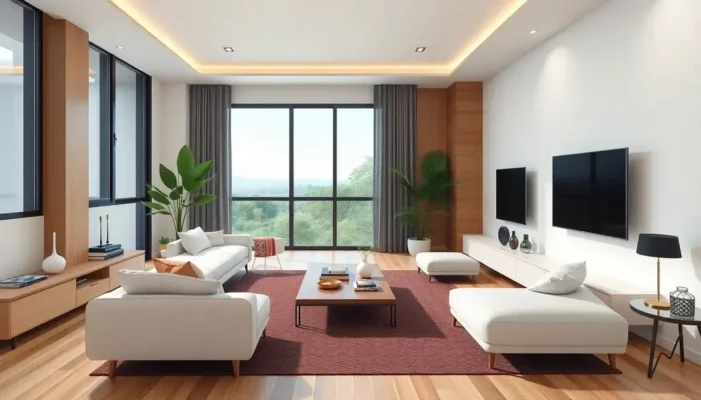 Wide-angle view of a minimalist living room with anime-themed decor.