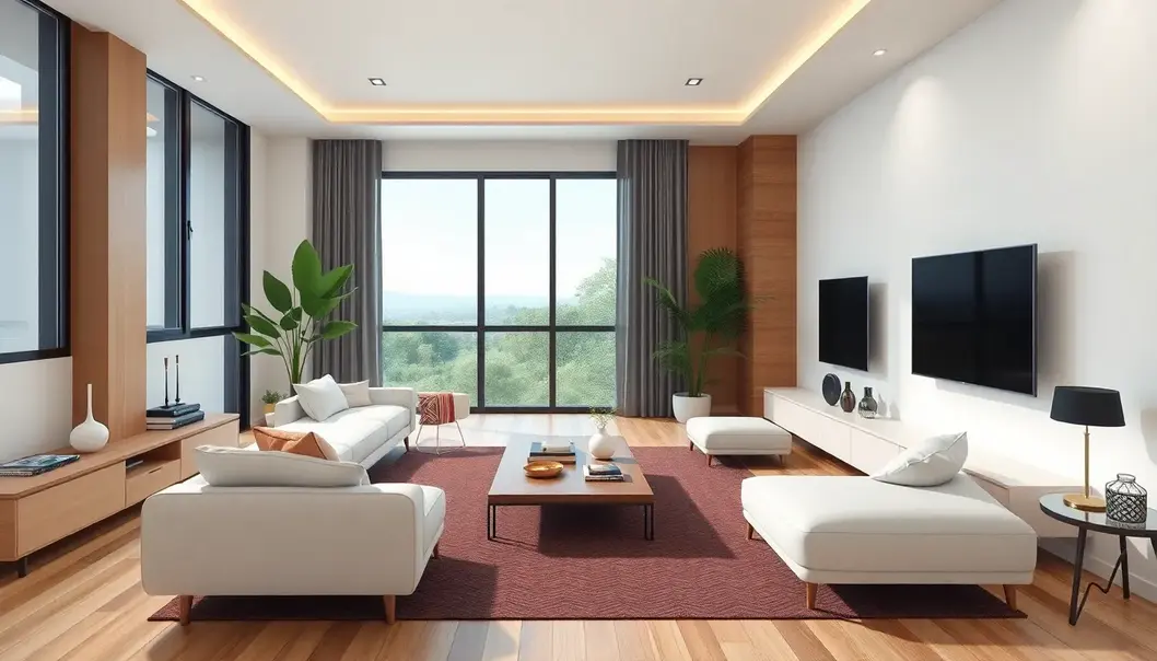 Wide-angle view of a minimalist living room with anime-themed decor.