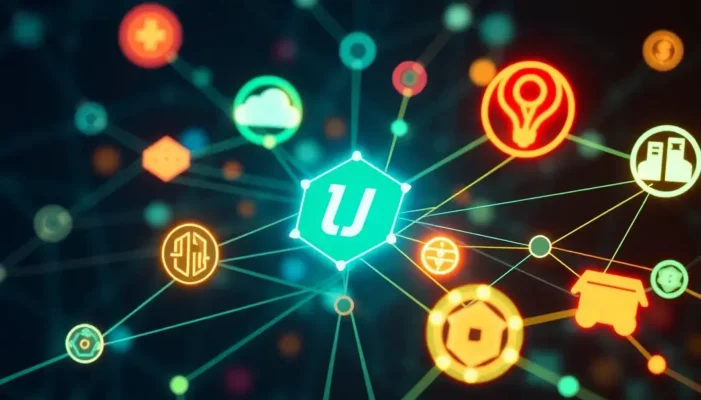 Digital illustration of blockchain linking industries like healthcare and supply chain.
