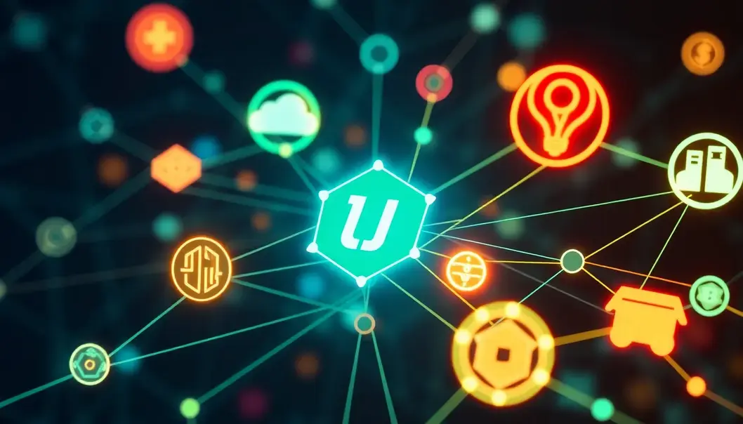 Digital illustration of blockchain linking industries like healthcare and supply chain.