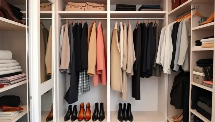 A well-organized wardrobe showing a fusion of clothing styles for a couple.