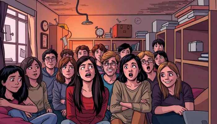 College students in a dorm looking puzzled and amused by a chaotic environment.