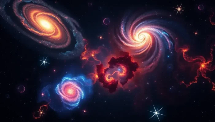 A collage featuring swirling galaxies, new stars, and colorful nebulae.