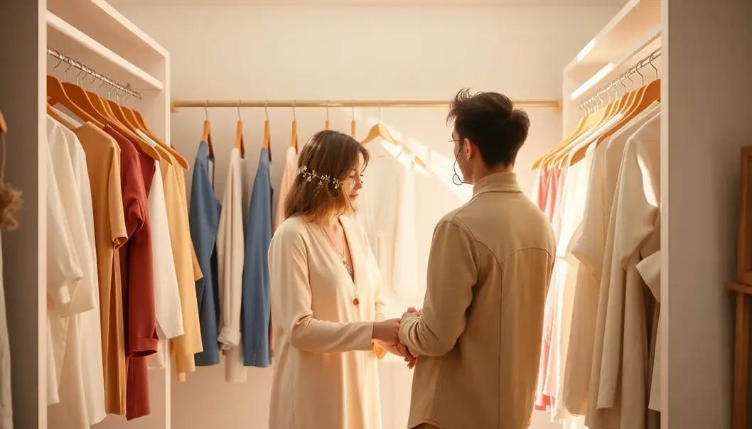 Newlyweds harmonizing their individual styles into a cohesive wardrobe.
