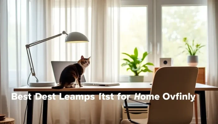 A light-filled home office showcasing a modern desk lamp with a cat and dog nearby.