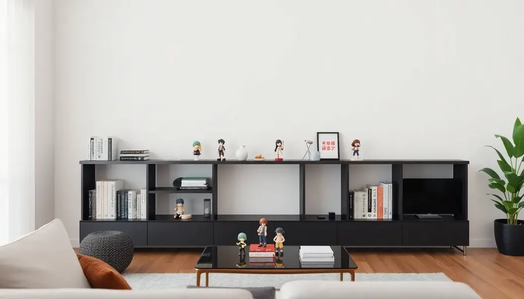 A well-organized minimalist living room featuring selected anime memorabilia.