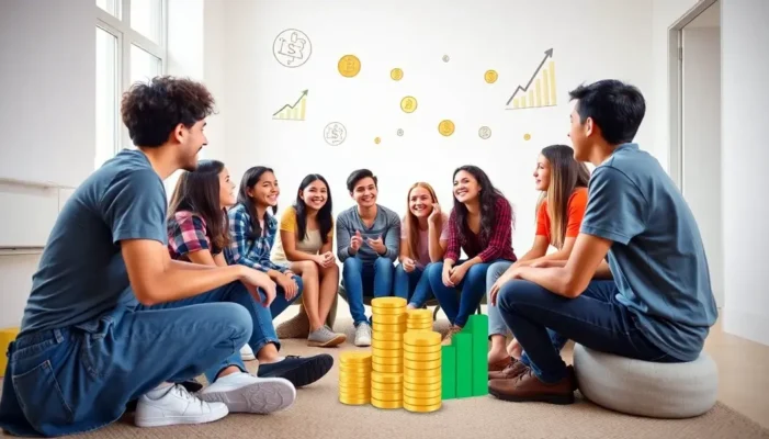 Group of teenagers discussing investments in a bright room with financial symbols surrounding them.